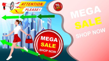 Mega Sale, genç kadın koşuyor.