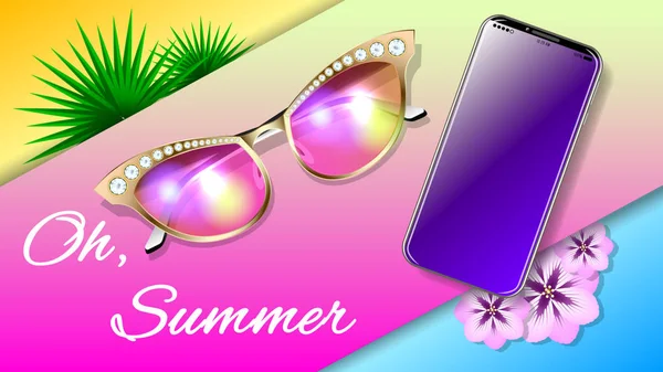 ฤดูร้อน แว่นกันแดดและสมาร์ทโฟนที่สมจริง — ภาพเวกเตอร์สต็อก