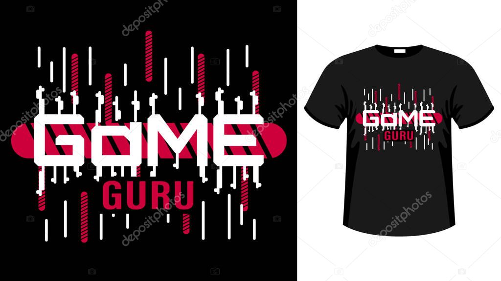Video PC Game Guru slogan print on black t-shirt. Vector Illustration