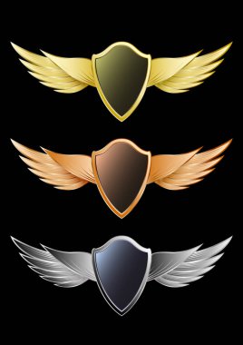 Set of wings and shields gold, bronze, silver. clipart