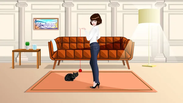 Odada bir kedi ile oynayan kız — Stok Vektör