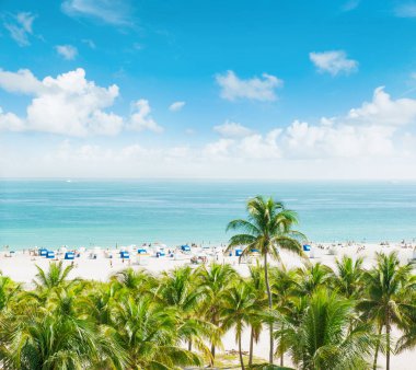 Mavi gökyüzü, turkuaz deniz suyu ile manzara ve palmiyeler. Miami Beach, Ocean Drive, Karayip denizinde Halk Plajı