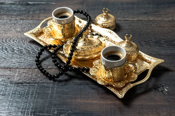 Ramadan Kareem Coffee Cups Golden Decorations Rosary — Stock Photo, Image