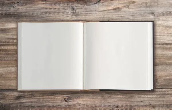 Otevřená Kniha Rustikální Dřevěné Pozadí Minimální Plochý Lay — Stock fotografie