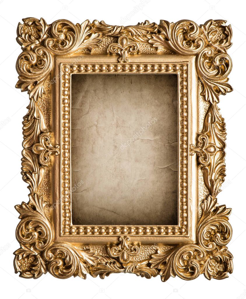 Picture frame with grungy canvas isolated on white background