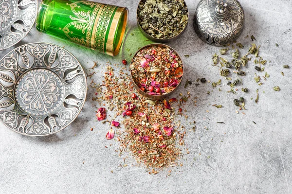 Configuração Mesa Chá Oriental Pratos Copos Férias Fundo Alimentar — Fotografia de Stock