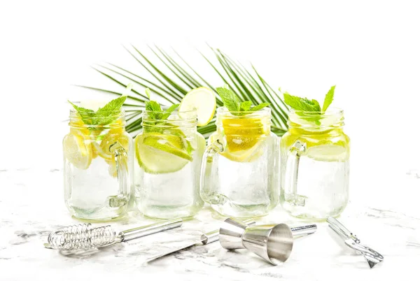 Cocktailgetränk Mit Limette Zitrone Minze Und Eis Barwerkzeuge Und Dekoration — Stockfoto