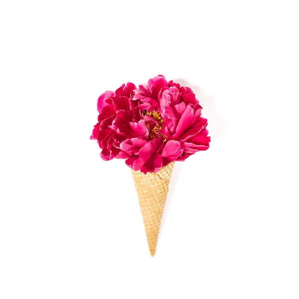 Peony Flower Ice Cream Waffle Cone White Background Floral Flat — Stock Photo, Image