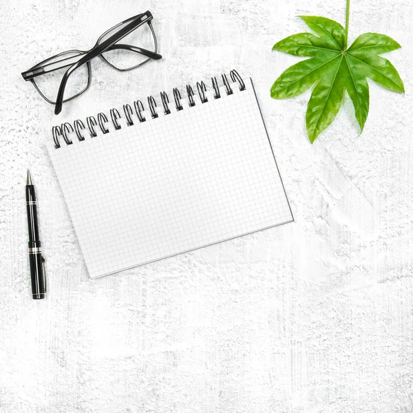 Notebook Green Leaf Glasses Pen Office Table Working Place Flat — Stock Photo, Image