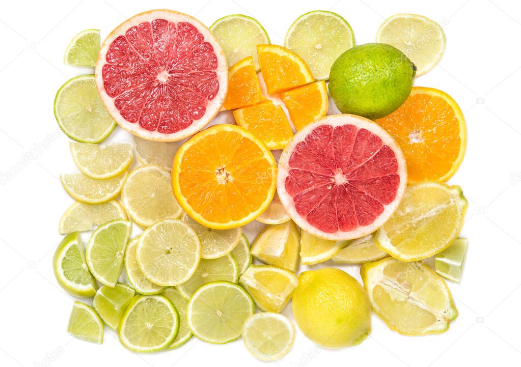 Orange, lemon, grapefruit, lime. Fresh citrus fruits. Food background