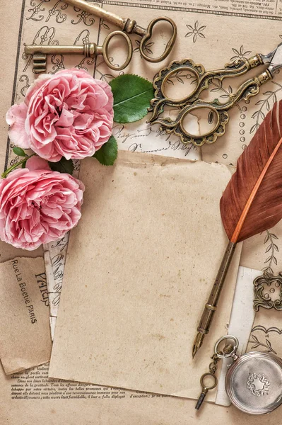 Used Paper Antique Feather Pen Pink Rose Flowers Vintage Flat — Stock Photo, Image