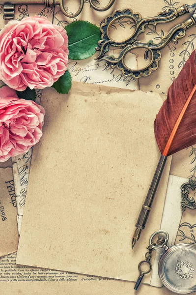 Carta Usata Penna Piume Antiche Fiori Rosa Immagine Tonica Stile — Foto Stock
