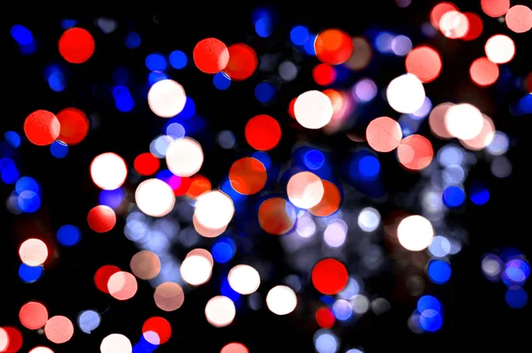 Luzes Desfocadas Dia Independência Fundo Vermelho Azul Branco — Fotografia de Stock