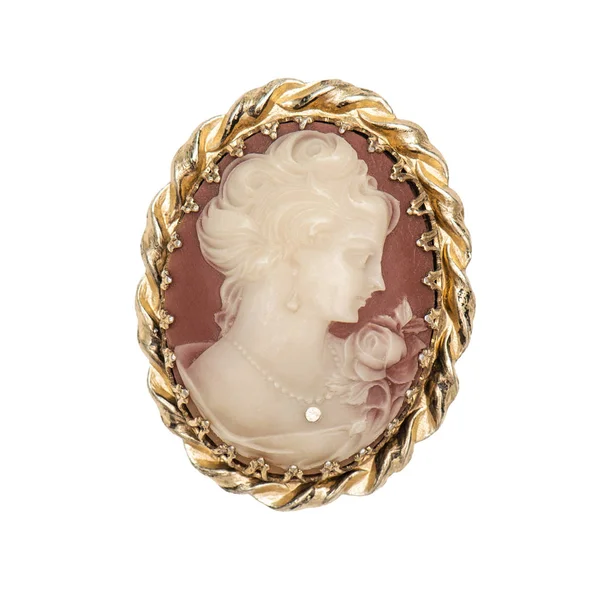 Broche Vintage Avec Visage Femme Isolé Sur Fond Blanc — Photo