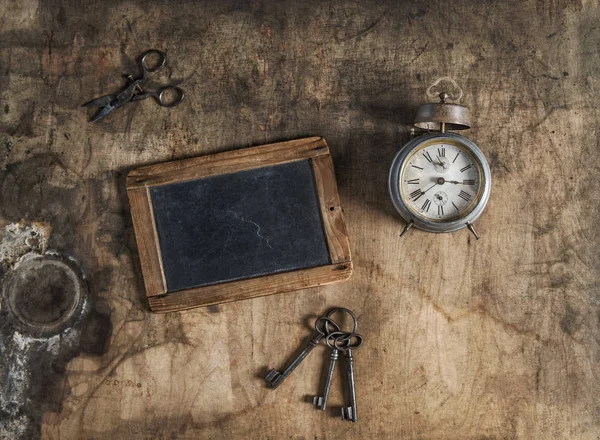 Rustic Wooden Background Vintage Office Accessories Antique Scissors Keys Alarm — Stock Photo, Image