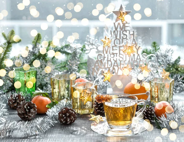 Christmas Window Decoration Golden Lights Cup Tea — Stock Photo, Image