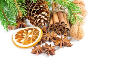 Noel dekorasyonu. Tarçın sopa, Anason yıldız çam brunch ile