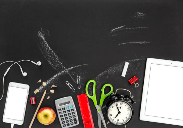 Back School Office Supplies Digital Gadgets Black Chalkboard Background — Stock Photo, Image