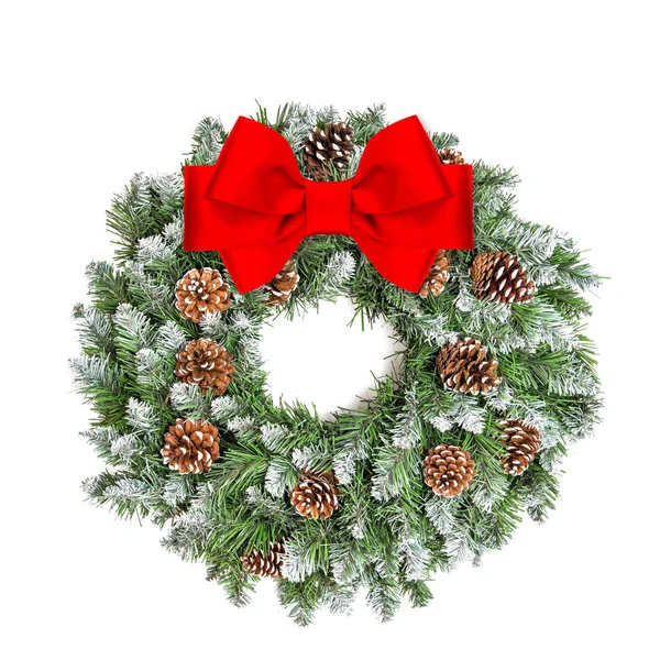 Jul Dekoration Vintergröna Krans Med Kottar Och Red Ribbon Bow — Stockfoto