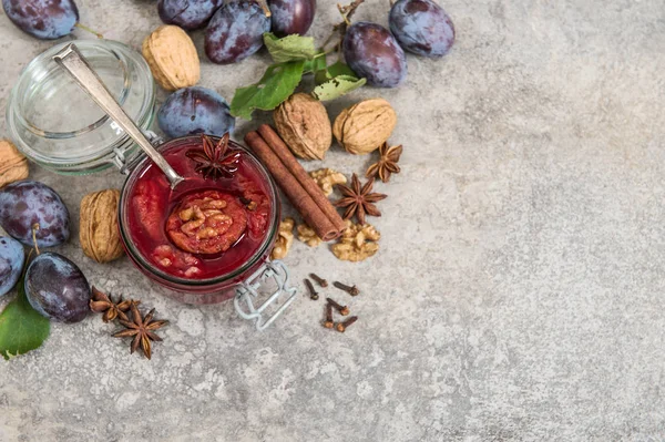 Plums Marmalade Walnuts Spices Jar Fruit Jam Stone Background — Stock Photo, Image