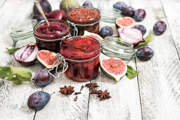 Plum Marmelade Jam Van Vijgen Rode Confiture Voedsel Achtergrond Behoud — Stockfoto