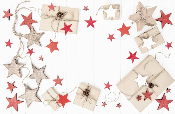 Christmas Flat Lay Wrapped Gifts Red Stars Decoration Vintage Style — Stock Photo, Image