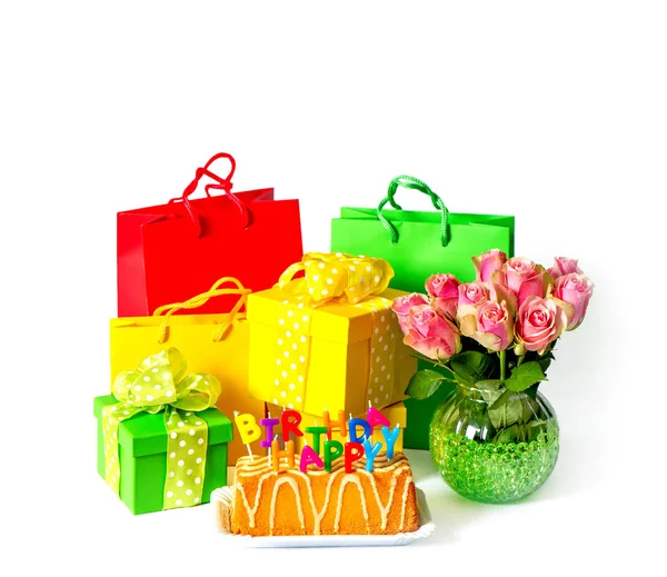 Wszystkiego Najlepszego Okazji Urodzin Ozdoba Party Pudełko Prezent Kwiaty — Zdjęcie stockowe