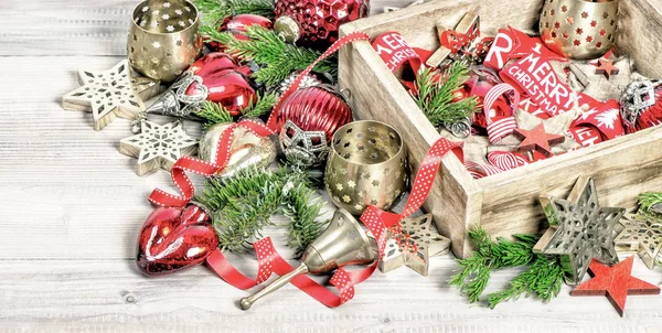 Decorações Natal Estrelas Brinquedos Ornamentos Estilo Vintage Tonificado Imagem — Fotografia de Stock