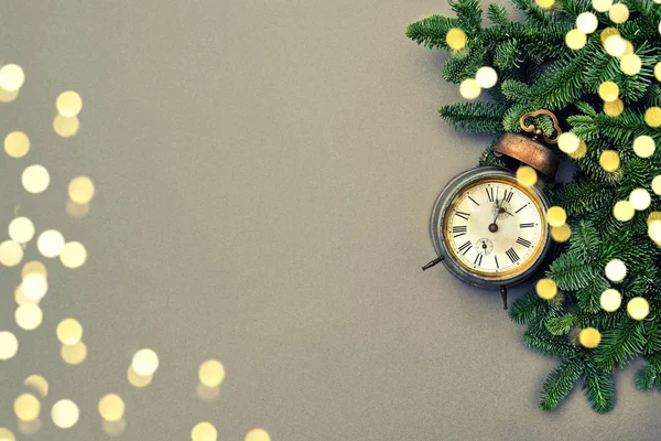 Christmas Decoration Antique Golden Clock Vintage Toned Photo Festive Bokeh — Stock Photo, Image