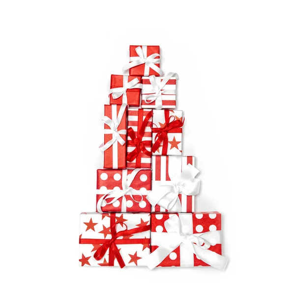 Gift Boxes Shaped Christmas Tree Holidays Background White Red — Stock Photo, Image