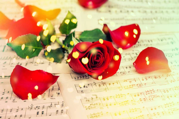 Red Rose Flower Music Notes Sheet Hearts Bokeh Vintage Toned — Stock Photo, Image