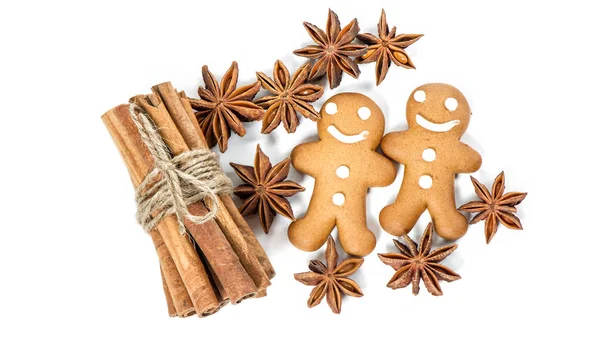Gingerbread Man Cookies Christmas Food Spices Ingredients Isolated White Background — Stock Photo, Image