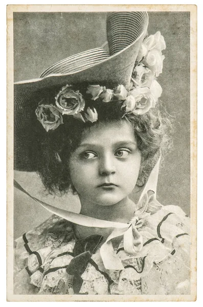 Niña Con Vestido Vintage Foto Retrato Antiguo Con Grano Película — Foto de Stock