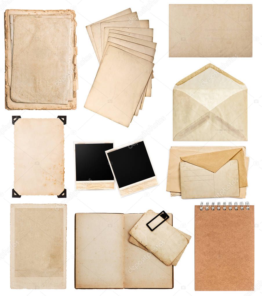 Old paper sheets. Vintage photo album and book pages, card, frame, pieces isolated on white background