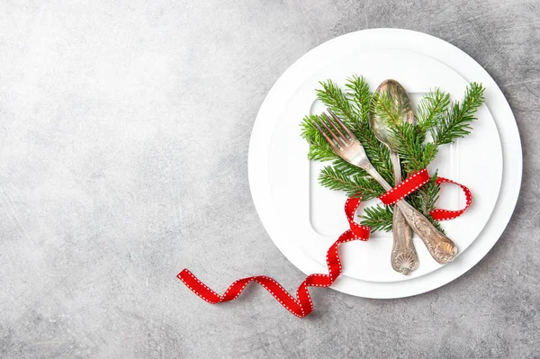 Christmas Table Place Setting Decoration Pine Tree Brunches Stone Background — Stock Photo, Image