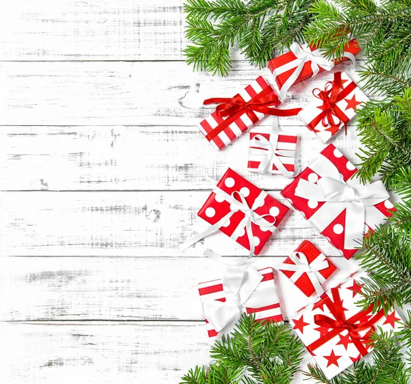 Christmas Decoration Red White Gift Boxes Wooden Background Holidays Flat — Stock Photo, Image