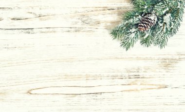 Ahşap arka plan üzerinde Noel ağacı dalı. Vintage tonda fotoğraf