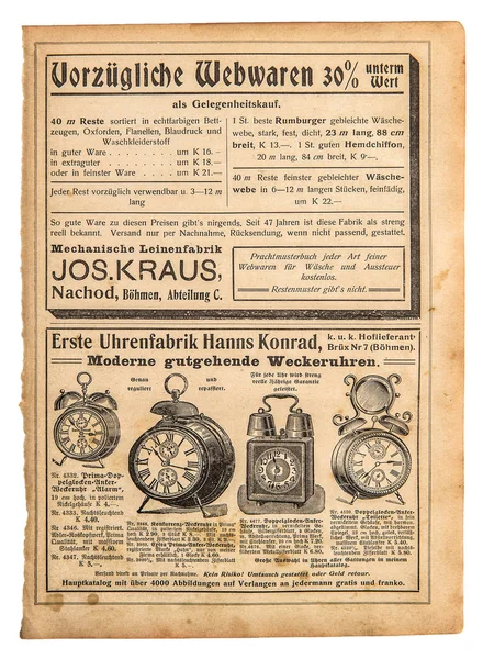 Antika Väckarklocka Vintagebutik Som Reklam Sida Shopping Katalog Tyskland 1915 — Stockfoto