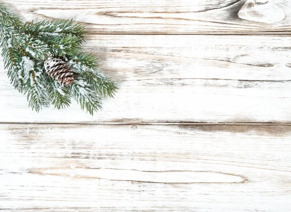 Christmas Tree Branch Bright Wooden Background — Stock Photo, Image
