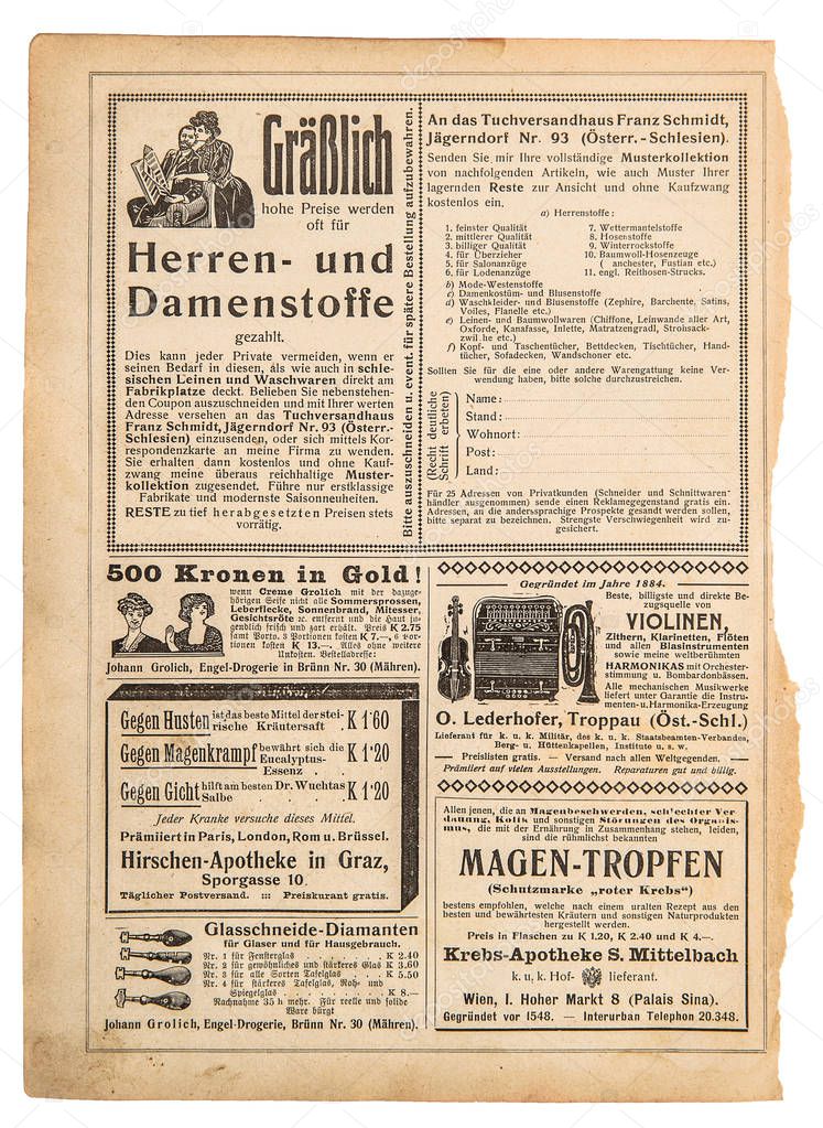 Old paper sheet. Vintage shop advertising, page shopping catalog Germany 1915