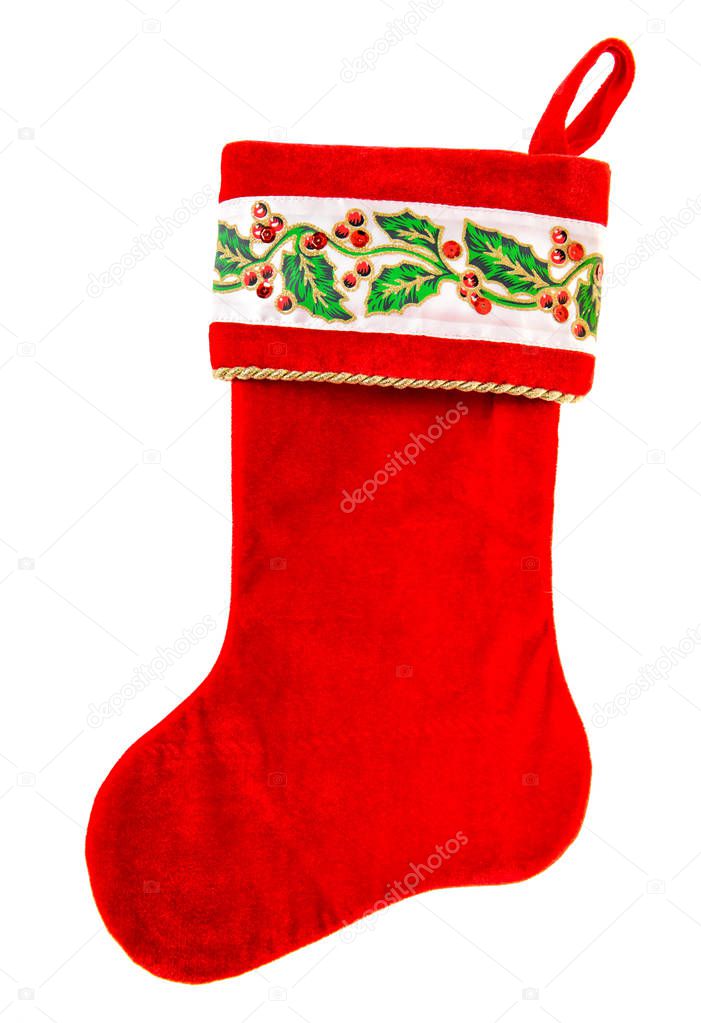 Christmas stocking. Red sock for gifts isolated on white background