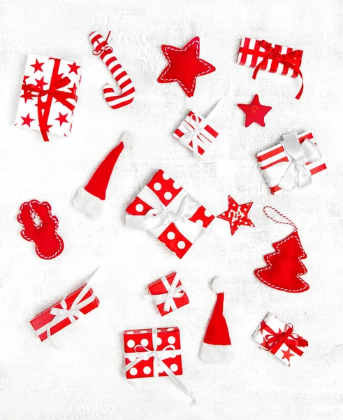 Plat Lag Achtergrond Kerst Decoratie Ornamenten Geschenk Dozen — Stockfoto