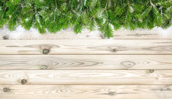 Pine Tree Branches Snow Decoration Wooden Background — Stock Photo, Image