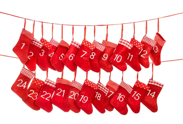 Adventskalender Rote Weihnachtsstrumpfdekoration Auf Weißem Hintergrund — Stockfoto
