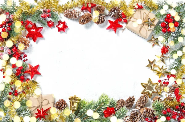 Adornos Navidad Regalos Estrellas Adornos Oro Rojo Con Luces Doradas — Foto de Stock