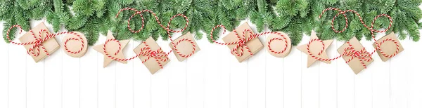 Pine Tree Branches Gift Boxes Christmas Holidays Banner — Stock Photo, Image
