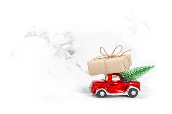 Red Car Gift Box Christmas Tree Copy Space — Stock Photo, Image