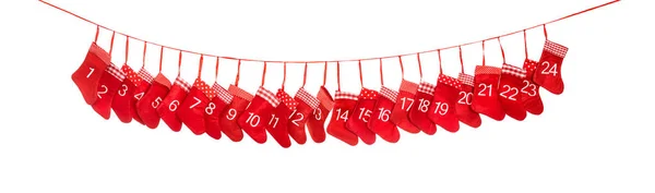 Adventskalender Weihnachtssocken Auf Weißem Hintergrund Rote Dekoration — Stockfoto