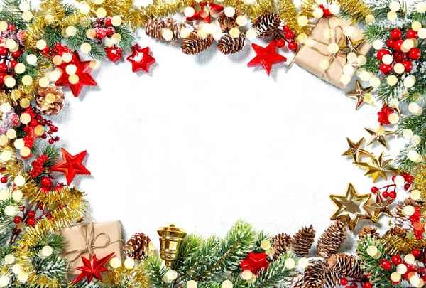 Kerst Ornamenten Rood Goud Decoraties Gouden Lichten — Stockfoto