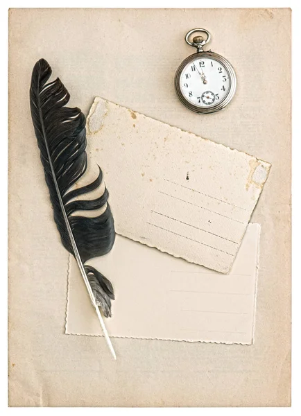 Used Papers Postcards Antique Feather Pen Pocket Watch Isolated White — Stock Photo, Image
